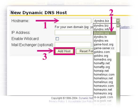 (10). We could create a domain name without any charge at this step. First, we input the host name. (Pink No.1) Then we pick a domain that is easy to remember. (Pink No.2) Finally, click the Add Host to submit the domain name information.