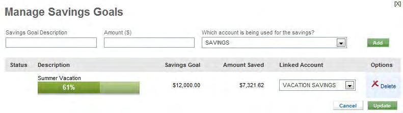 Add a New Savings Goal: 1. Enter a description for the Savings Goal this is a nickname for the savings goal which will display on the Spending Reports page 2.