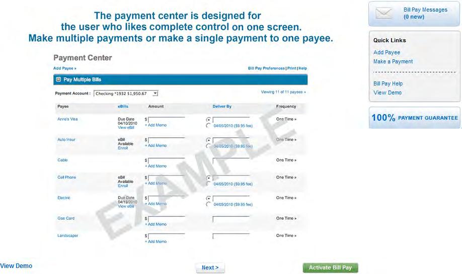 Sample of Bill Pay Demo & Activation Page: Video Demo Link Video Demo Link Bill Pay Screenshot Demo Link Bill Pay Activation After clicking this button, the Member will be asked to pick an