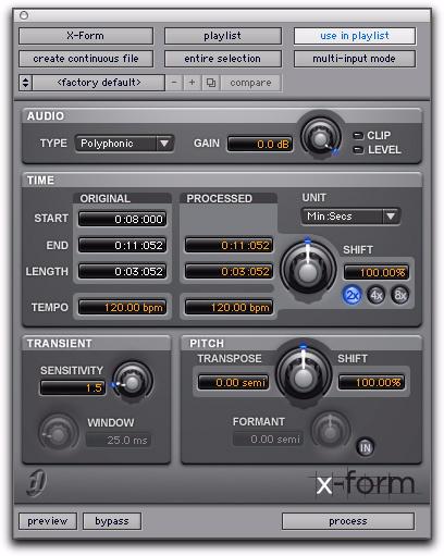 chapter 3 X-Form Plug-in Parameters X-Form X-Form Displays and Controls X-Form provides the highest quality time compression and expansion algorithms for music production, sound design, and audio