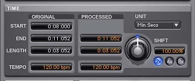 Time Use the controls in the Time section to specify the amount of time compression or expansion you want to apply.