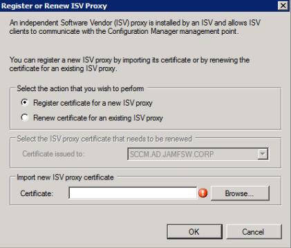 browse for the ISV proxy certificate (.cer). 5. Click OK to close the Register or Renew ISV Proxy dialog.