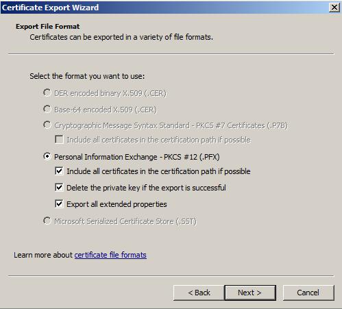 Select the following options: Include all certificates in the