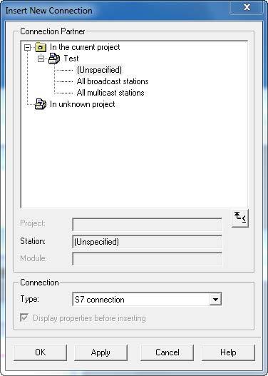 Examples 3.3 Unspecified S7 connection from a PC application 3. To insert a connection, you must select the application. Select the "Application" object and then select "Insert" > "New Connection".