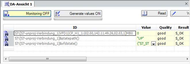 Examples 3.4 Unconfigured S7 connection with the OPC Scout V10 7. Drag the Items "&statepath()" and " &vfdstate()" to the view area.