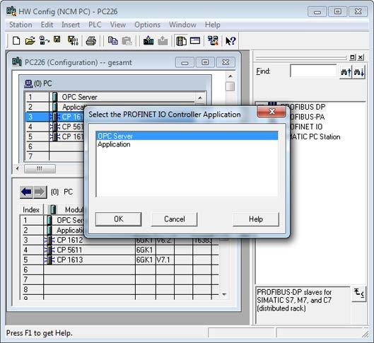 4.2 SIMATIC NCM PC project engineering tool 3. Select the application (OPC server or application) that will address the PROFINET IO system (the PROFINET IO devices). 4.