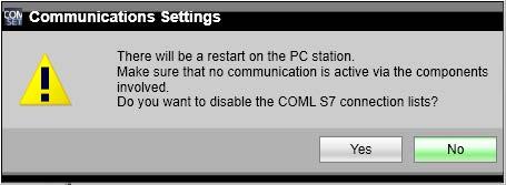 After they have been disabled, you can once again make changes to the COML S7 connection lists. 1. Open the "Communication Settings" program. 2.