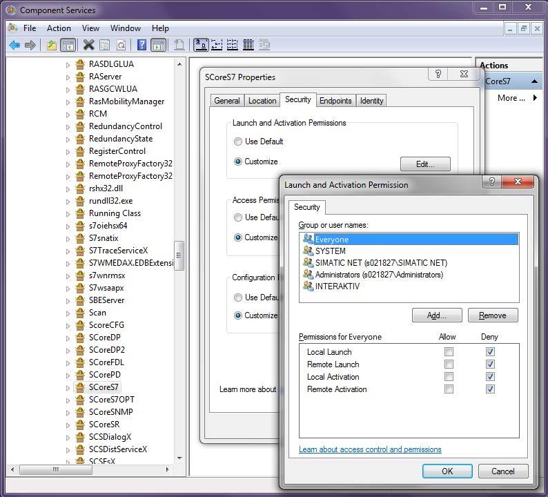 4.7 DCOM configuration OPC client/server operation 5. Select the "Everyone" user group and set the selection for "Local Launch", "Remote Launch", "Local Activation" and "Remote Activation" to "Deny".