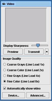 When either the Preview or Transmit button is selected the View Pane will display what it is capturing in the user s camera Click to display additional controls (long form of the Video window) If you