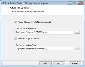 Select the features to install by checking the check-boxes for the Paxton Milestone Access Integration and / or the Paxton