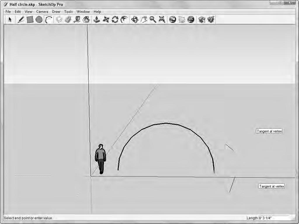 Drawing in SketchUp 9 FIGURE 9.8 Cyan inference lines are displayed from adjacent arcs whose tangents are equal.
