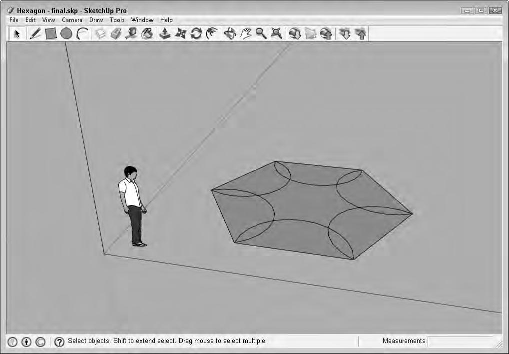 Part III Modeling Basics corner point. Click again to specify the chord length, and drag toward the center of the hexagon until the arc snaps to where a half circle is created.