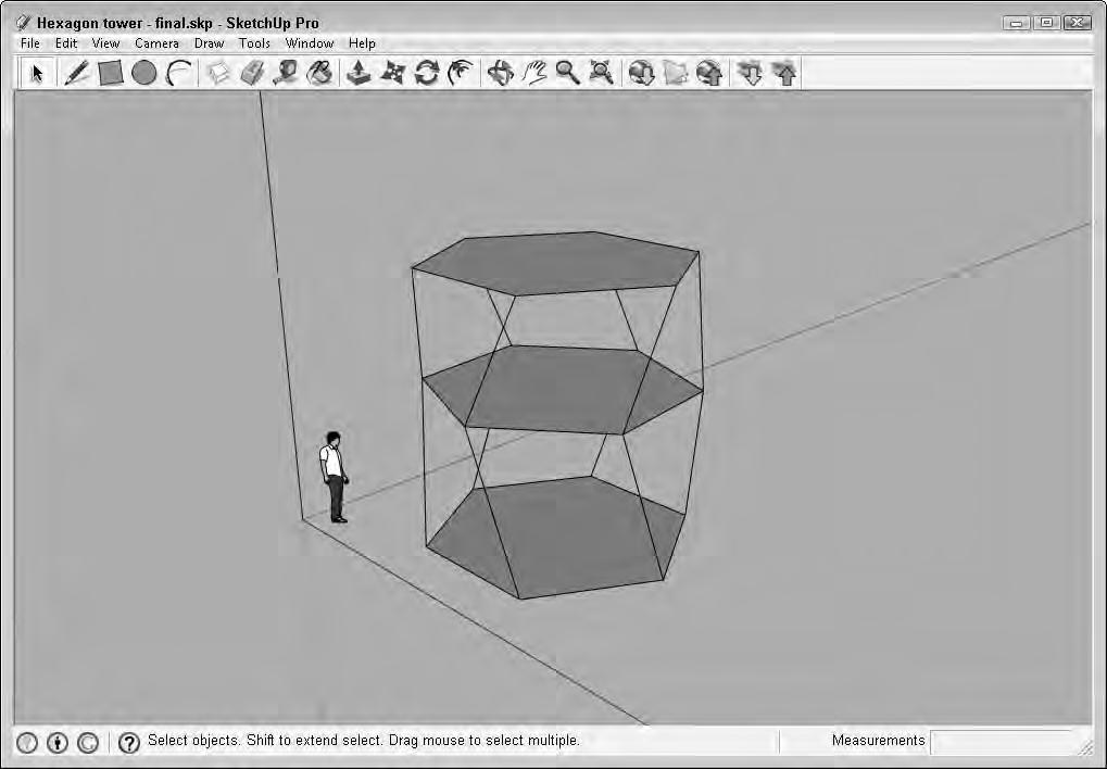 Part III Modeling Basics To connect three vertically aligned shapes, follow these steps: 1. Open the Hexagon tower.skp file from the Chapter 09 folder on the CD.