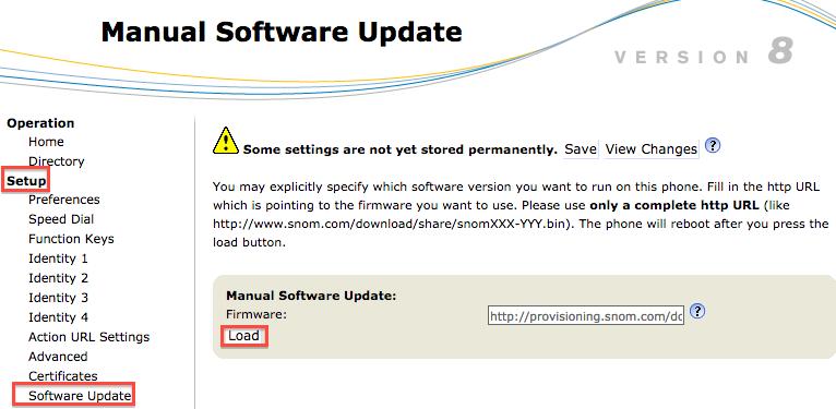 14. On the [Setup] options, select [Software Update]. Software Update Firmware: Enter [http://downloads.snom.com/fw/snom300-8.4.35-sip-f.