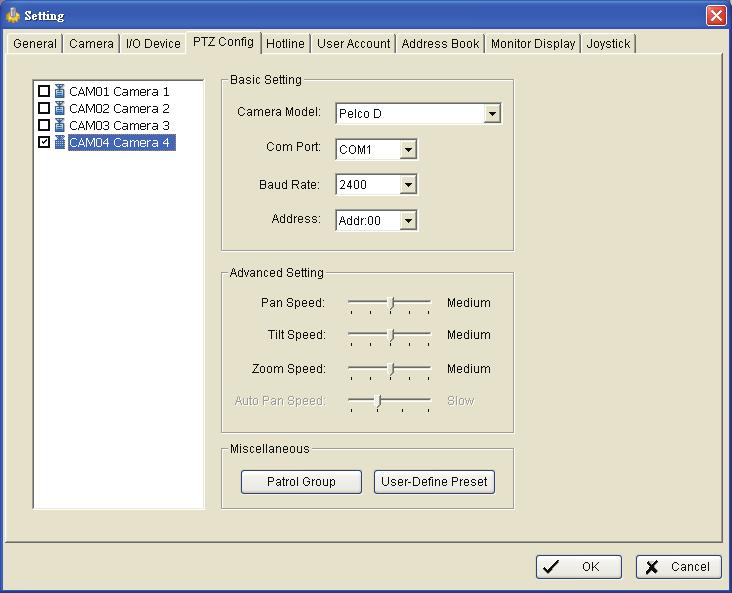 PTZ Config Check the box on the camera list to activate the PTZ control function of a PTZ camera. Basic Setting: Select the camera model, com port, baud rate, and address of your PTZ camera.