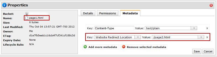 Setting a Page Redirect from the Console To redirect a request to another object, you set the redirect location to the key of the target object.
