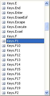 The list is a list of keys on your keyboard, some of which you'll have and others that you won't. Scroll down the list until you come to Keys.F1, and double click the item to add it to your code.