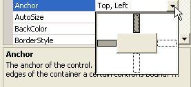 Click on Textbox1 and locate the Anchor property in the Properties box: The default is to anchor the control to the Top, Left edge of the form.