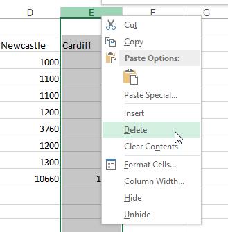 Click the Delete button in the Cells group. The column was deleted without using the drop down because the entire column was selected by clicking on the column heading. 3.