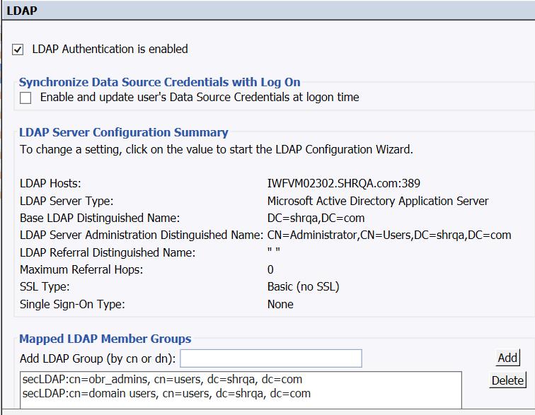 6 11. Ensure that the LDAP Authentication is enabled check box is selected. In Mapped LDAP Member Groups type the LDAP Group and click Add. 12.