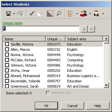 Depending on your selection on the prvious window you will get either the Staff selection window or the Subject Area window.