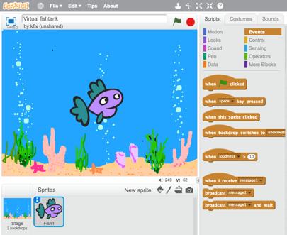 Once we have an underwater backdrop, we start adding a script to control our sprite's behaviour.