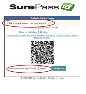 To verify and activate your token, select the token in the SurePassID Authenticator App, then enter the displayed code into the Code From Mobile App To Verify field and press the Verify Code button