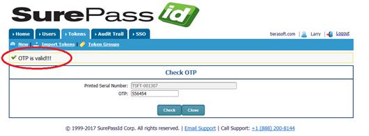 Press the Check button and the following form is displayed. If the OTP is correct, you will see the OTP is valid!