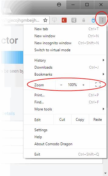 To change the zoom level Use the '-' and '+' buttons to change zoom levels. The default is 100%.
