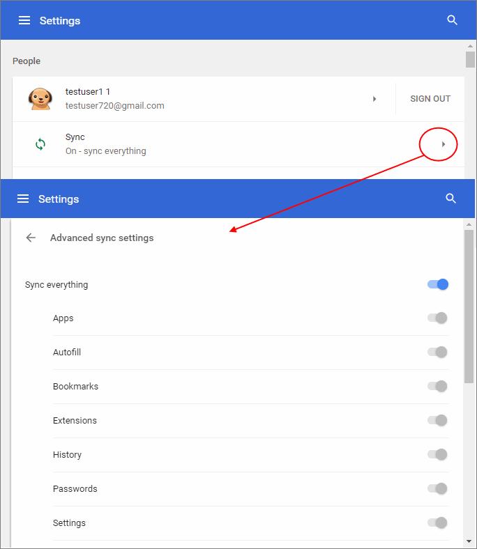 After successfully logging into your Google account, click 'Sync' to open the 'Advanced sync settings' dialog. This will show all items which are current synced for your account. Congratulations!