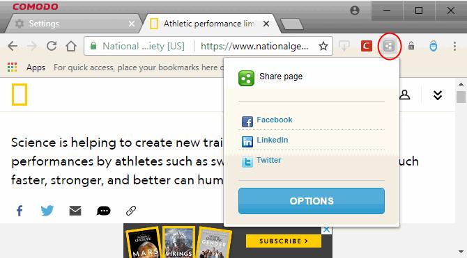 themselves. To share a web-page, click the 'Share Page' button A 'Share Page' dialog contains shortcut links to share the web page through your Facebook, LinkedIn and Twitter accounts by default.