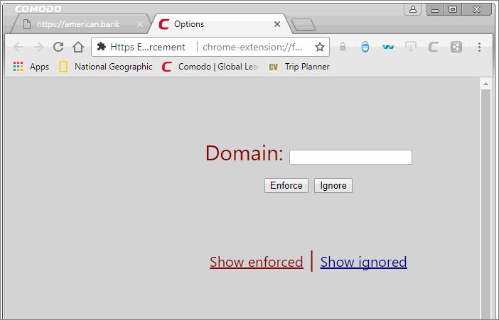 Enter the URL in the 'Domain' text field and click Enforce/Ignore Enforce -