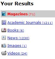 How many Magazine articles? Click on Academic Journals. Under Search within results, type observation and limit the results to only peer-reviewed publications. Click on the search icon.