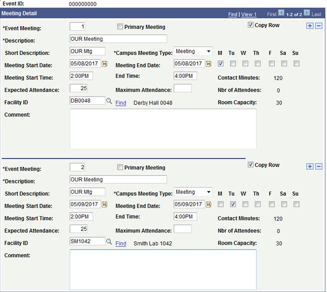 12. To add more rooms to a request or to make multiple requests on one form, click the blue plus (+) sign in the top right corner of Meeting Detail tab.