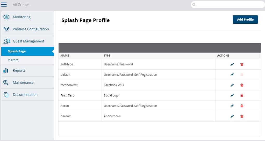 Data Pane Displays detailed information of the tabs and the selected features. The following figure displays the data pane for Guest Management > Splash Page pane.