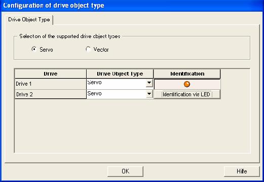 Automatic configuration Select Servo as object type for both drives Select whether a servo- or vector-type drive object is to be used.