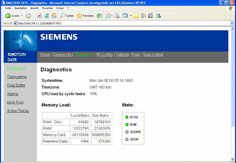IT DIAG integrated SIMOTION Diagnostics Enter SIMOTION IP Address in Webbrowser (e.g. http://169.
