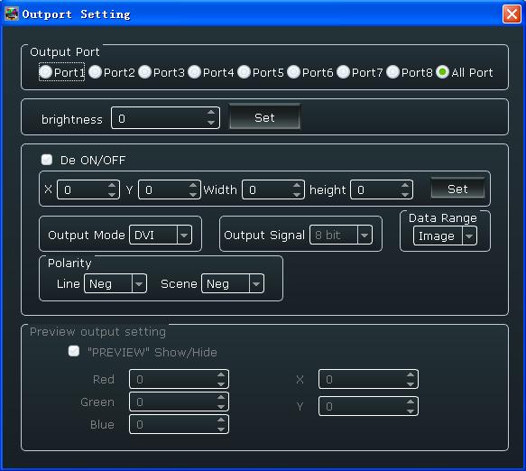 Input/Output Settings : Out Port Set, user can choose one port or choose all ports and set the DE.