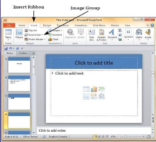 11. Screenshot One of the interesting features about PowerPoint is that you can insert a screenshot of one of your applications into your presentation without having to use any other program.