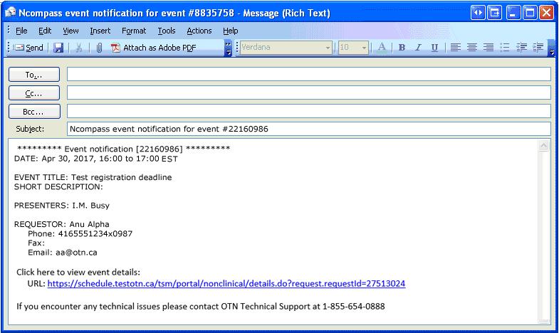 Figure 61: Notify participants email The To and Cc fields are blank. You can enter any email addresses in these fields for the people that you want to notify about the event.