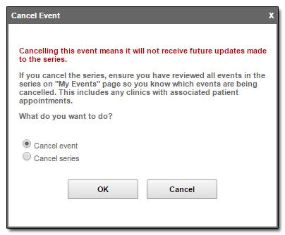Cancelling a Series or an Event in a Series Only the event s creator or a person associated with the event s host system can cancel a series.