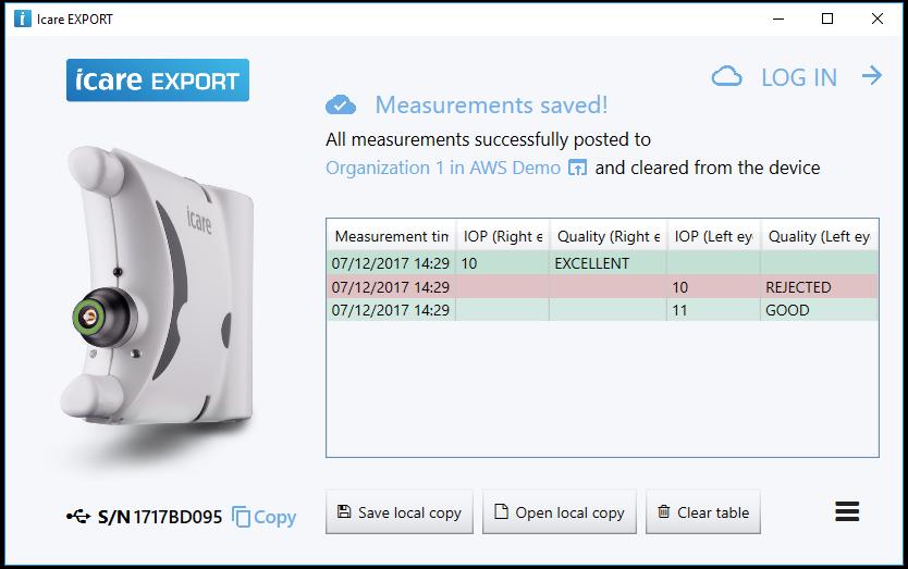 Icare EXPORT displays the uploaded results in chronological order. The results can be saved to a local file by clicking the Save local copy button.