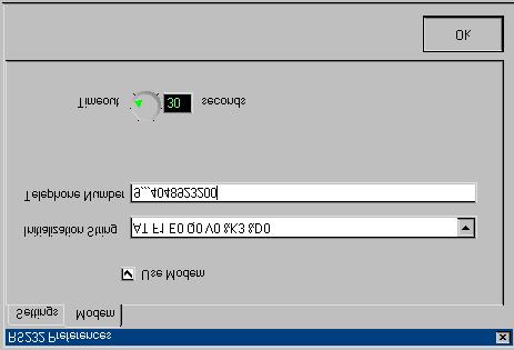 Click on the corresponding SETTINGS button. In the dialog box that comes up, go to the MODEM tab (see Figure 21 below). Figure 21. Modem tab If the modems hang up before you connect, increase the TIMEOUT time.