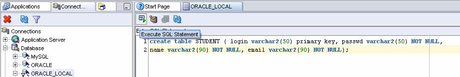 In the SQL worksheet window, copy and paste this SQL code: create table STUDENT ( login