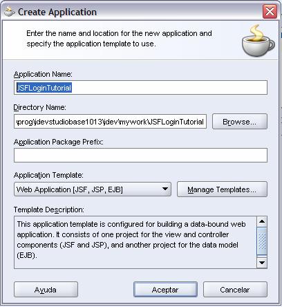 2. In the Create Application dialog box, enter JSFLoginTutorial as the