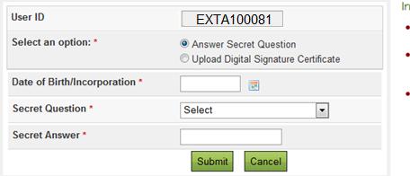 On Selecting Answer Secret Question, External Agency user has to enter his Date of Birth, Secret Question and