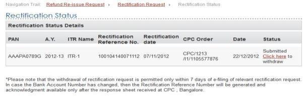 On clicking the link to withdraw the request, a page requesting for withdrawal of rectification request is displayed.
