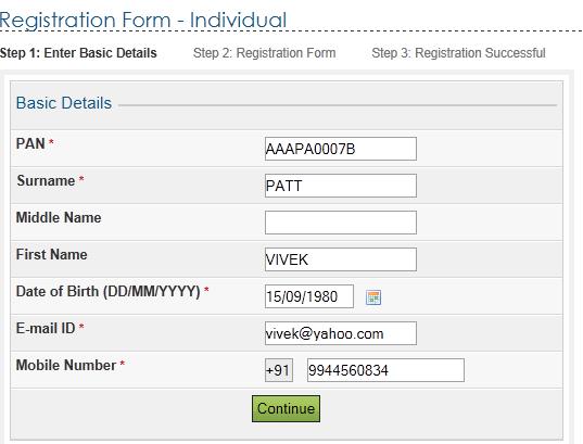 Click on the Continue button. The registration details page should be displayed. A.