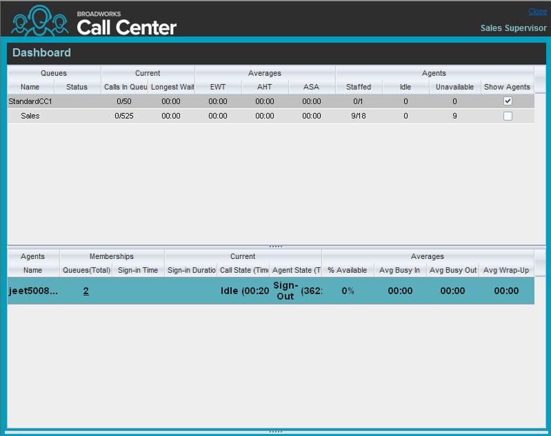 View Agents and Queues Statistics You can view real-time statistics for the monitored call centers and agents assigned to you, using the Dashboard window.