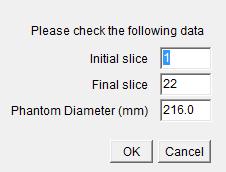 Figure 42. Dialog Box to enter the range of slices from the uniform section of the phantom to be summed and analysed.